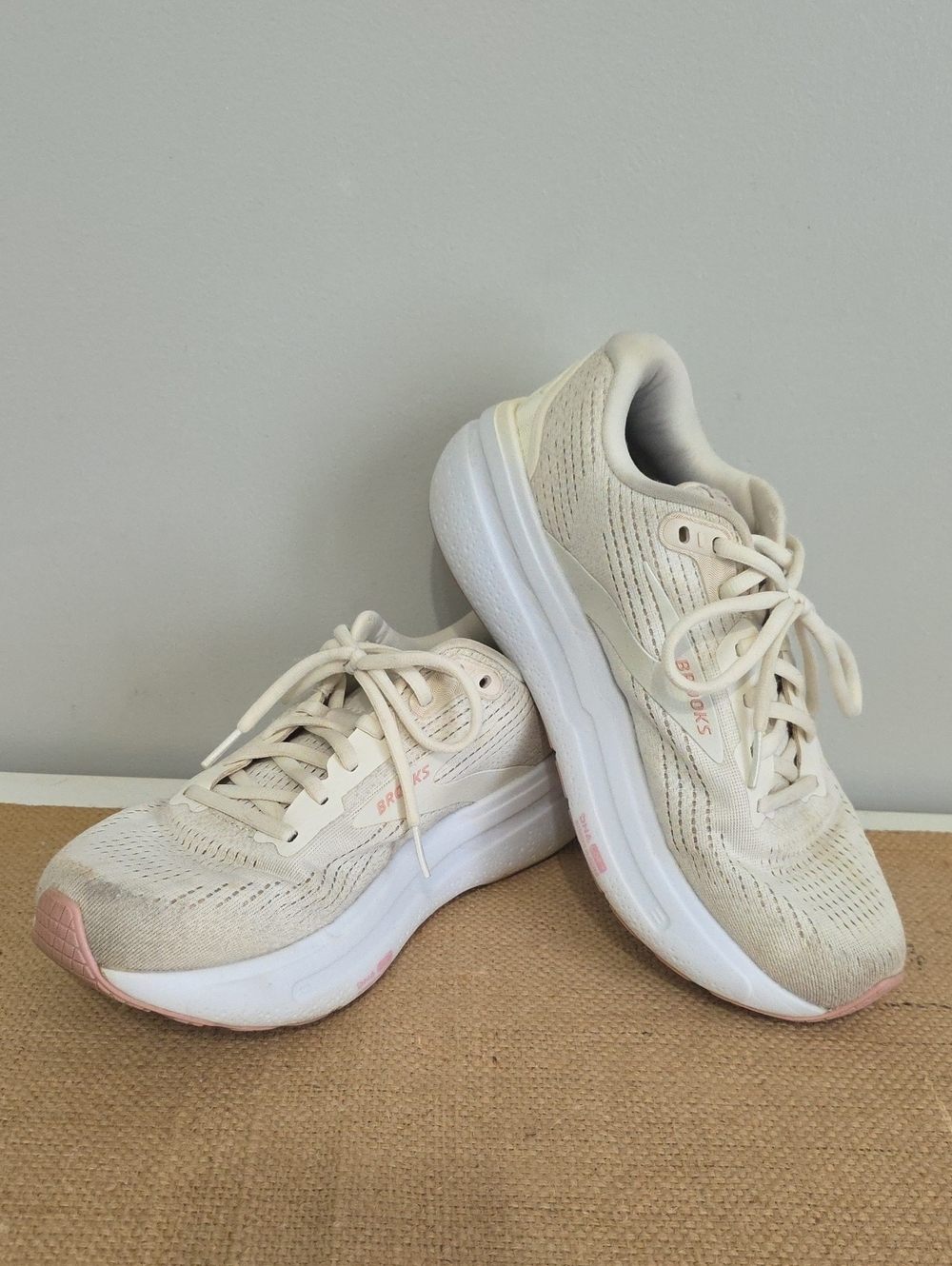 Brooks Women Athletic Running Shoes in Cream with Pink Accents